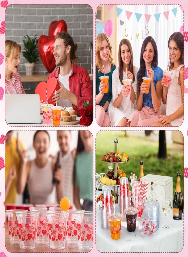 Ferrochef 50 Set 12 oz Valentine's Day Disposable Plastic Cups with Lids and Paper Straws Pink Red Heart Love Cups for Beverage Drinking Hot Cold Coffee Wedding Birthday Anniversary Party Supplies - Image 5